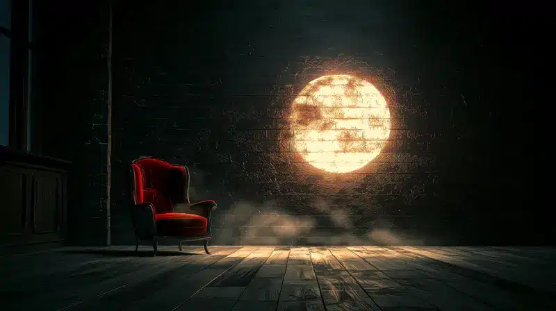 Chaise rouge posé à coté d'une pleine lune d'un fond dark