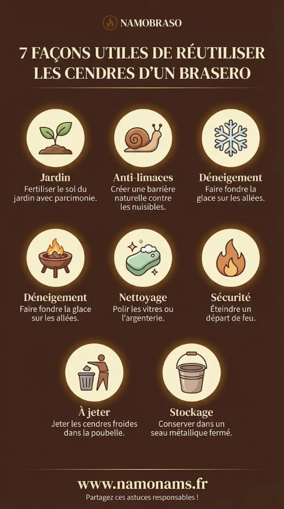 Infographie expliquant comment réutiliser et stocker les cendres d'un brasero en toute sécurité