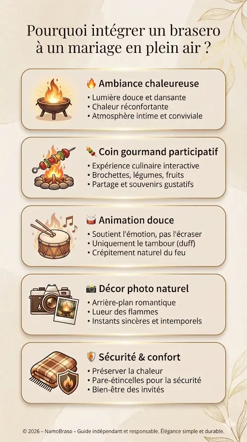 Infographie sur le maiage en plein air avec un brasero