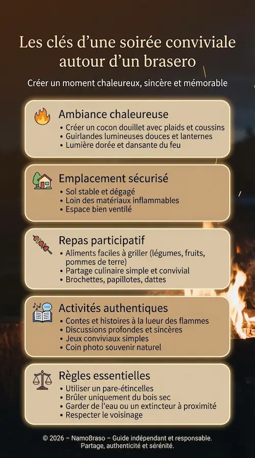 Infographie sur passée une soirée conviviale autour d'un brasero
