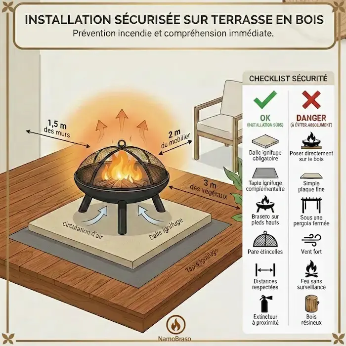 Infographie sur l'installation en toute sécurité d'un brasero sur une terrasse en bois